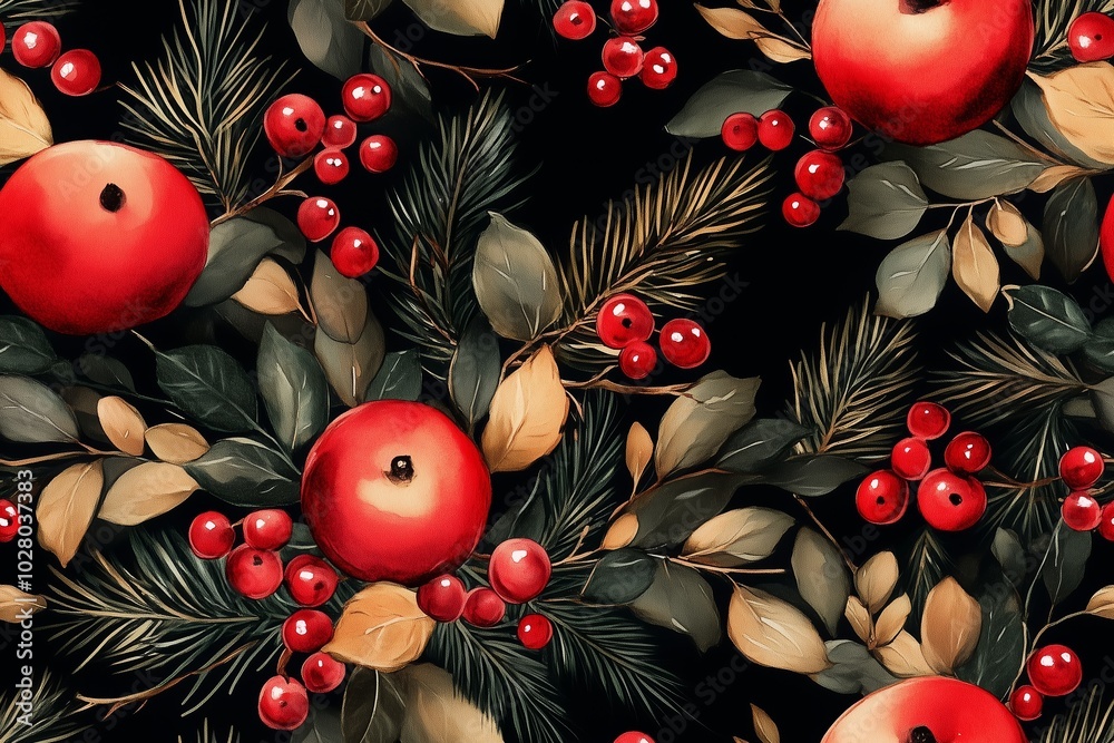 Naklejka premium Seamless pattern, A vibrant holiday-themed illustration featuring a beautiful arrangement of red apples, bright red berries, and lush green pine branches.