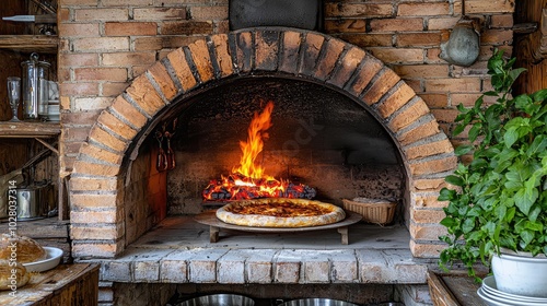 Dynamic Brick Oven with Flames and Pizza in Focus