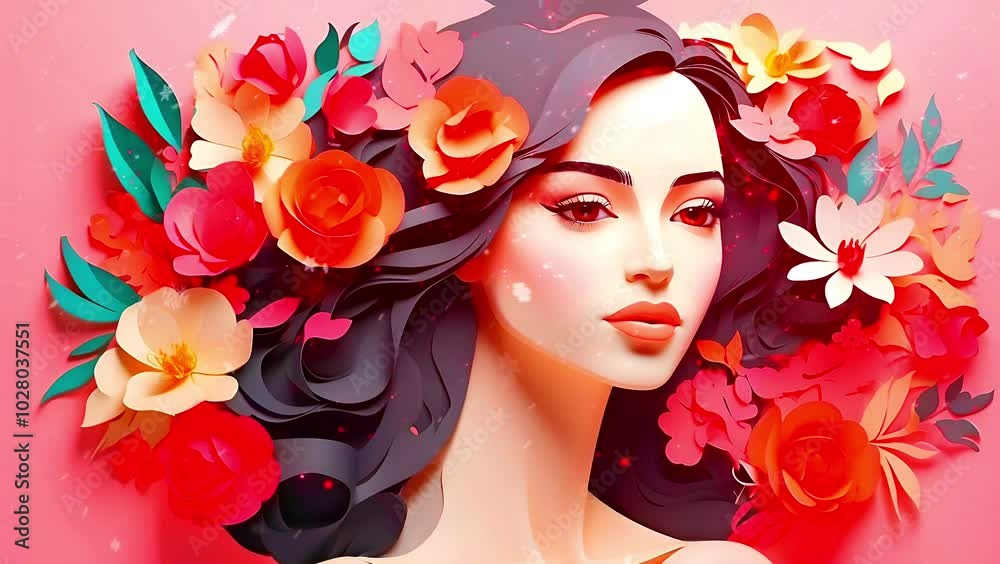 3D paper art of a beautiful woman with flowers and bubbles, vibrant colors, and a teal background. AI