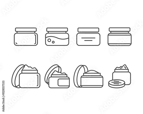 Collection vector icons of beauty, cosmetics and care. Bottle, jar, shower gel, face cream, body lotion, spray, ointment, paste.