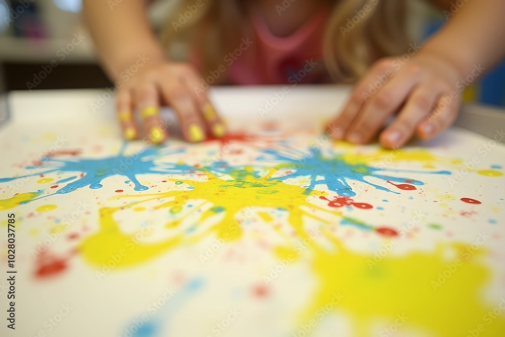 Fototapeta premium Close-up of a child's finger-painted masterpiece with vibrant splatters of yellow, blue, and red