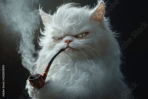 White cat with messy dishevelled hair, with grumpy face, holding smoking pipe, depicting the state of staying up late photo