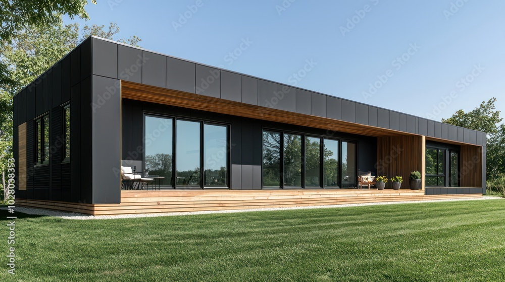 Modern architecture with black exterior and wooden features, expansive windows showcasing a green lawn in the background Modern architecture with black exterior and wooden features, expansive windows showcasing a green lawn in the background