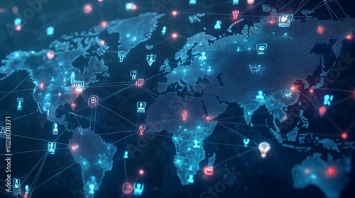 Wallpaper Mural Digital World Map with Network Connections and Icons Torontodigital.ca
