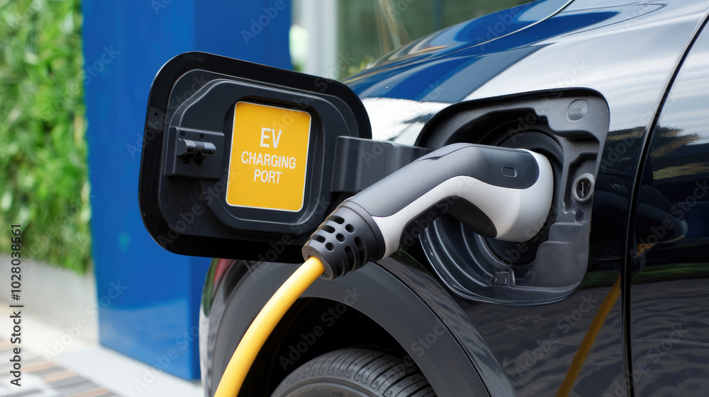 A black car is being charged at a charging station. The car is plugged into a charging port and the charging port is labeled EV CHARGING PORT A black car is being charged at a charging station. The car is plugged into a charging port and the charging port is labeled EV CHARGING PORT
