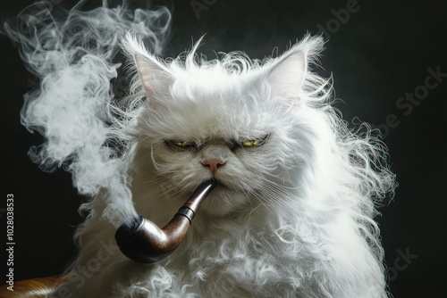 White cat with messy dishevelled hair, with grumpy face, holding smoking pipe, depicting the state of staying up late photo