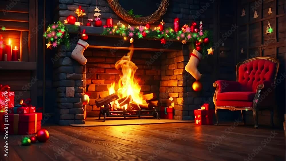 3D cartoon illustration of a Christmas scene: a fireplace with a fire and candles, a decorated Christmas tree on the right side, presents under it, a chair in front of the hearth, a decorated wall AI 