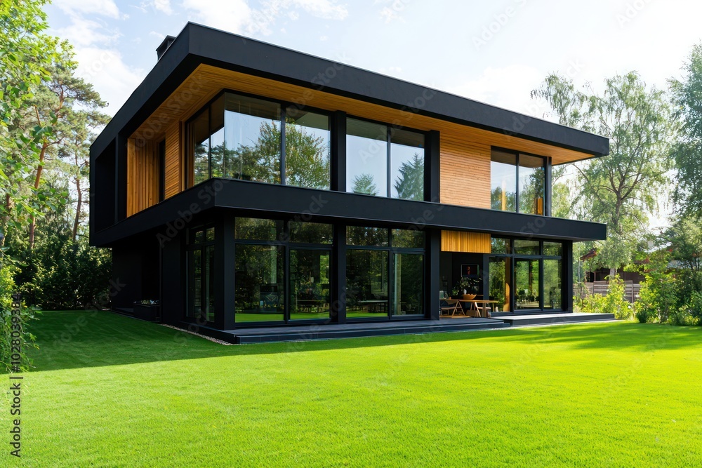 Modern house with a black exterior and wooden accents, large windows overlooking a vibrant green lawn, designed in a aspect ratio Modern house with a black exterior and wooden accents, large windows overlooking a vibrant green lawn, designed in a aspect ratio
