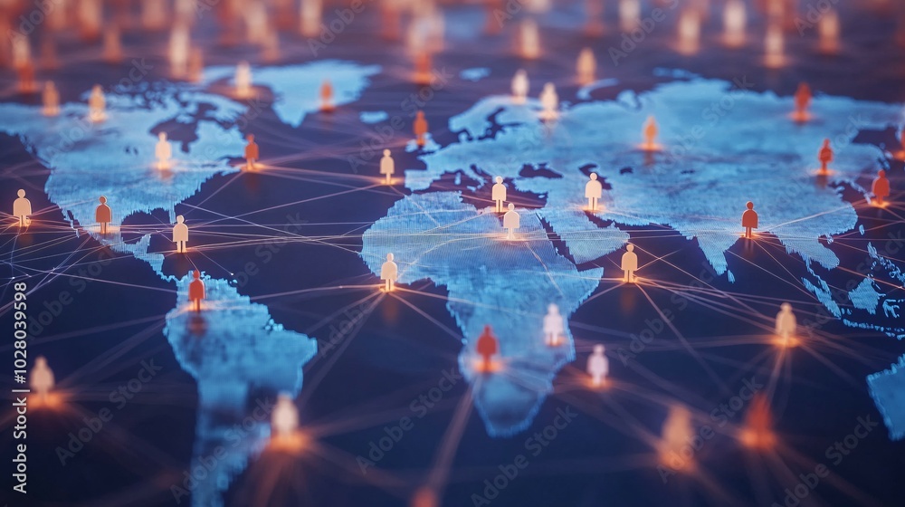 Naklejka premium Global Network with Interconnected Individuals on a World Map