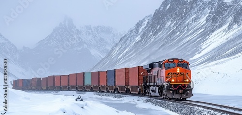 Freight train moving through snowy mountains, showcasing powerful transportation. photo