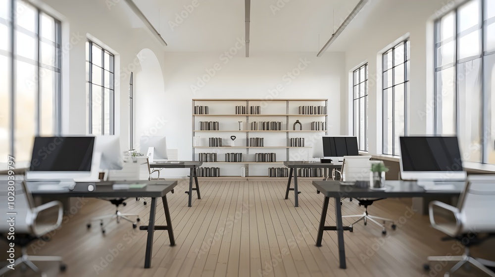 Modern minimalist office with blurred background and wooden floors Modern minimalist office with blurred background and wooden floors