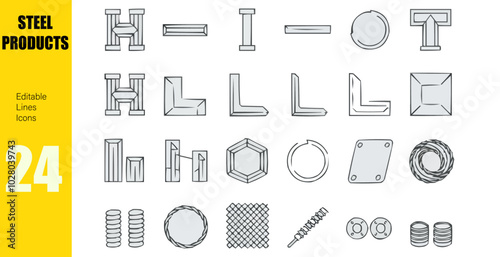 Line icons about steel products. Pixel perfect 64x64 and editable stroke