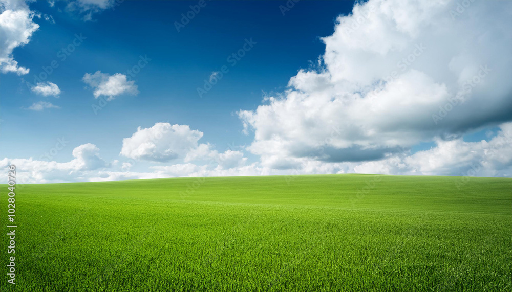 Obraz premium Green field under blue clouds sky.