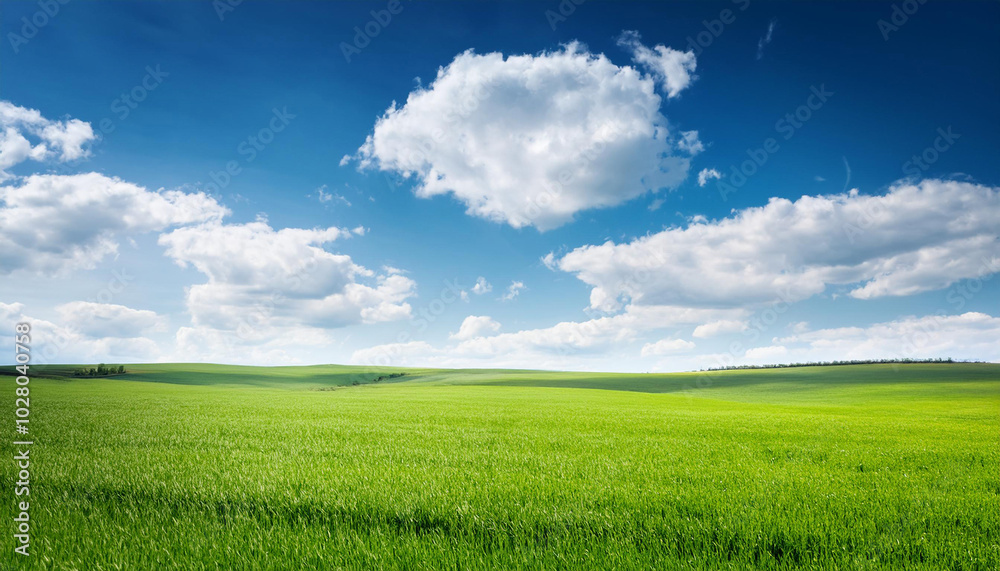 Green field under blue clouds sky. Green field under blue clouds sky.