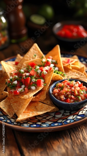A vibrant plate of nachos topped with fresh salsa and herbs, ideal for sharing and enjoying. photo