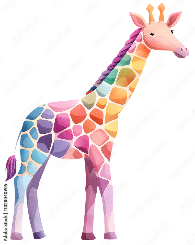 Obraz premium A colorful giraffe with a patchwork pattern of bright hues.