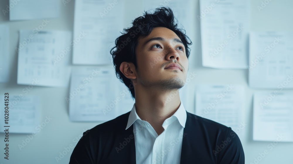 Thoughtful young man gazing upwards in a modern office setting. Thoughtful young man gazing upwards in a modern office setting.
