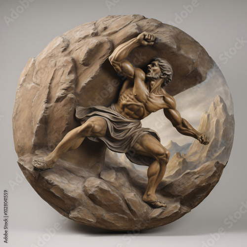 Classical stone sculpture of Sisyphus pushing a boulder in a mythological scene