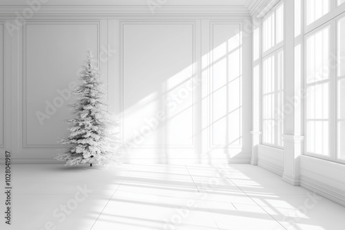 Modern Christmas Tree in a White Room with Cozy Holiday Decor 3D Render for Festive Home Interiors