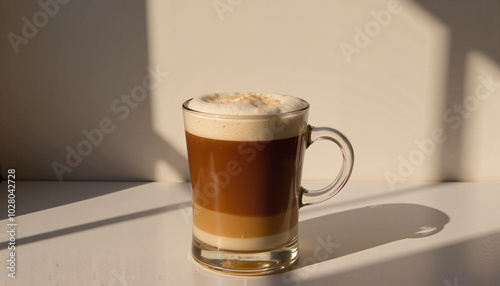 Layered Irish coffee with whipped cream and caramel drizzle in a glass mug on a sunlit surface