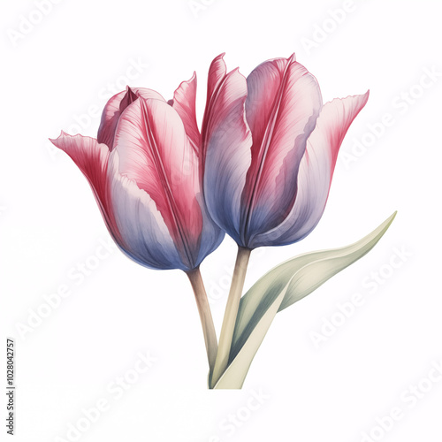 Watercolor illustration of red and blue tulip flower on white background