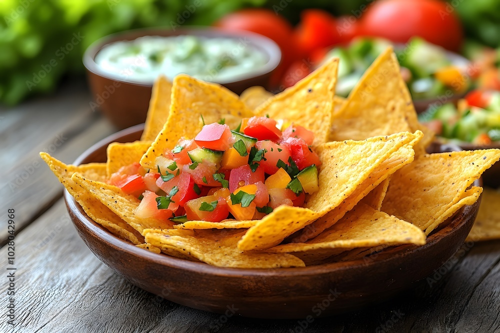 A bowl of tortilla chips topped with fresh salsa, surrounded by vibrant ingredients. A bowl of tortilla chips topped with fresh salsa, surrounded by vibrant ingredients.