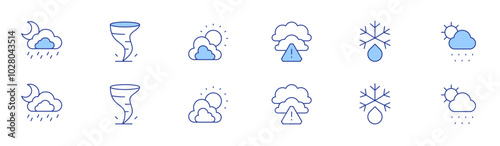 Weather icon set in two styles, Duotone and Thin Line style. Editable stroke. bad weather, defrost, meteorology, snowy, tornado, weather