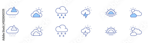 Weather icon set in two styles, Duotone and Thin Line style. Editable stroke. acid rain, storm, sunset, cloudy, rain