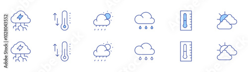 Weather icon set in two styles, Duotone and Thin Line style. Editable stroke. storm, temperature, rainy day, rainy, thermometer, weather