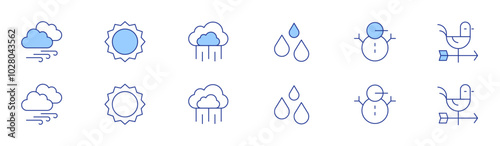Weather icon set in two styles, Duotone and Thin Line style. Editable stroke. windy, sun, humidity, snowman, weather vane, rain
