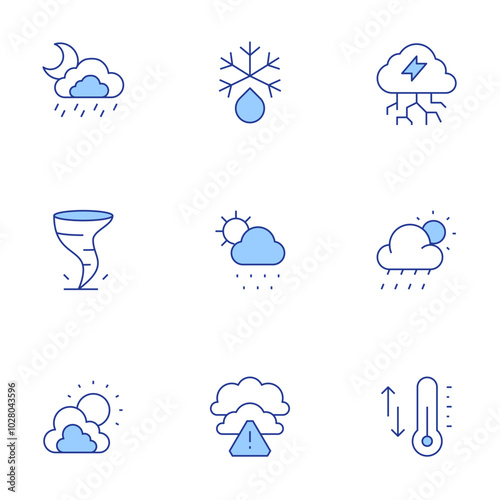 Weather icons set. Line Duotone style, editable stroke. bad weather, defrost, meteorology, storm, temperature, snowy, tornado, weather, rainy day