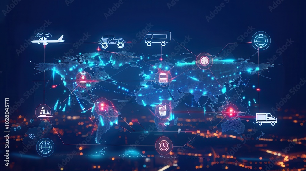 A detailed digital map displays global transport routes, highlighted in blue, with different transport icons representing travel modes. Generative AI A detailed digital map displays global transport routes, highlighted in blue, with different transport icons representing travel modes. Generative AI