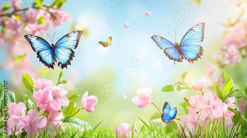 Blue butterflies flutter amidst blooming pink flowers on a sunny day.