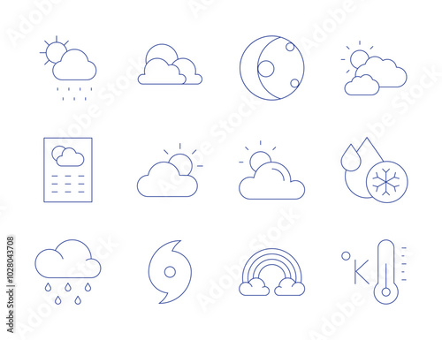 Weather icons. Thin Line style, editable stroke. meteorology, moon phase, weather, cloudy, cold water, hurricane, kelvin, rain, rainbow