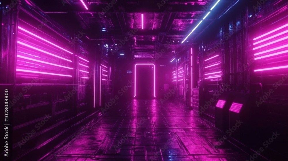 Futuristic hallway illuminated by vibrant pink neon lights. Futuristic hallway illuminated by vibrant pink neon lights.