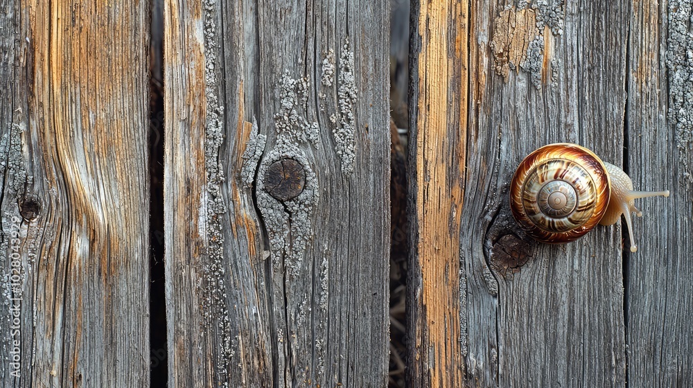 Snail Moving on a Wooden Fence in Nature Snail Moving on a Wooden Fence in Nature