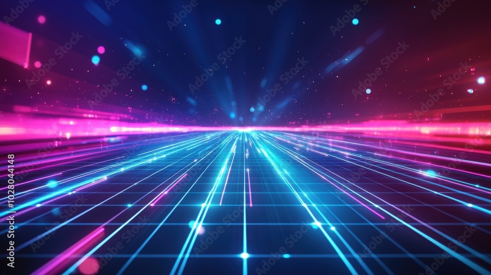 Bright neon grid with glowing lines and particles in a futuristic digital landscape. Bright neon grid with glowing lines and particles in a futuristic digital landscape.