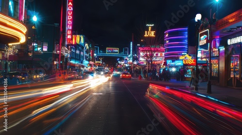 Vibrant Neon Lights Illuminate Busy City Street at Night