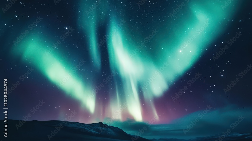 Stunning Northern Lights dancing over a serene, snowy landscape. Stunning Northern Lights dancing over a serene, snowy landscape.