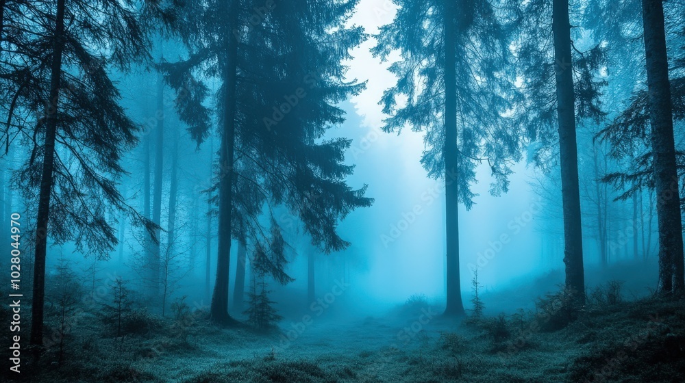 Fototapeta premium Misty forest with towering pine trees in early morning light.