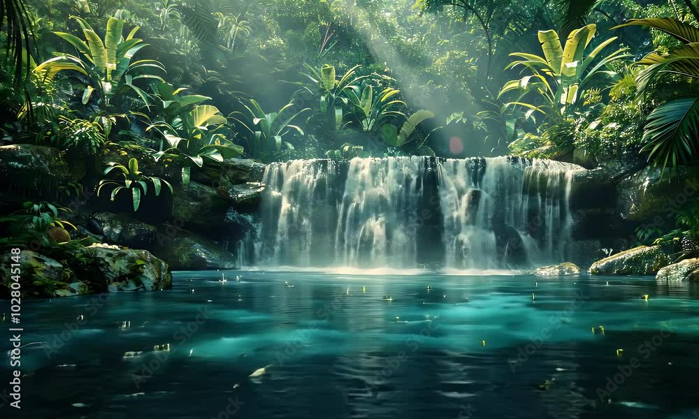 Lush green tropical jungle with a beautiful waterfall cascading into a clear blue pond.