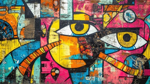 Vibrant urban street art mural with bold colors and eye motif.