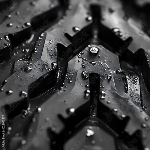 Extreme macro of tire tread with precise, angular edges and deep channels, displaying the innovative design for enhanced grip in wet conditions photo