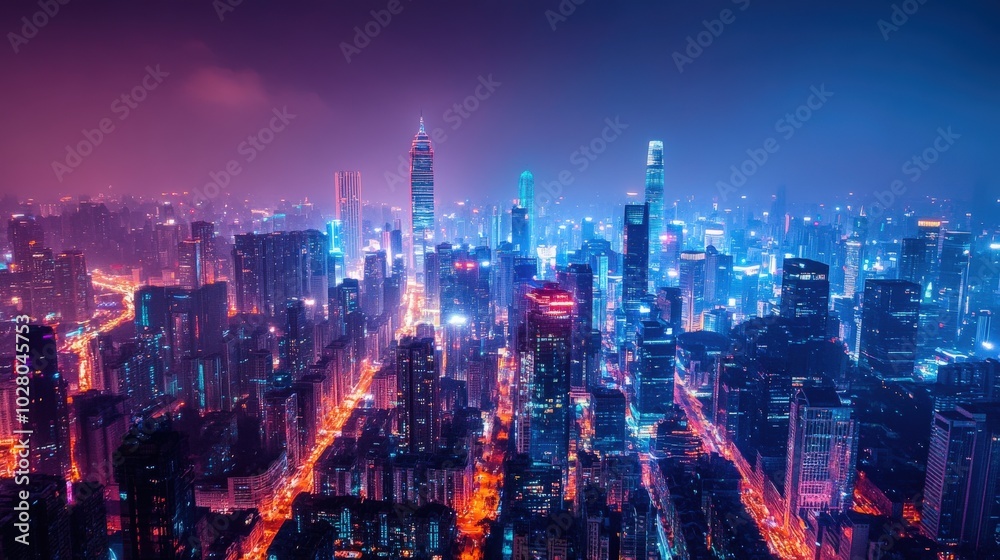 Fototapeta premium Vibrant skyline of a city illuminated by neon lights at night.