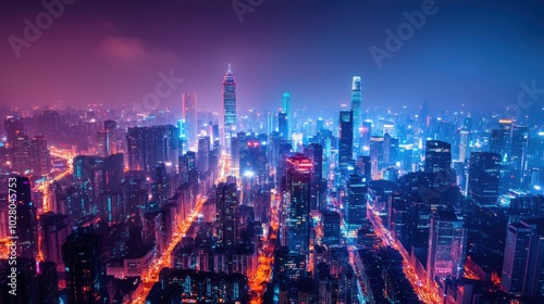 Vibrant skyline of a city illuminated by neon lights at night.