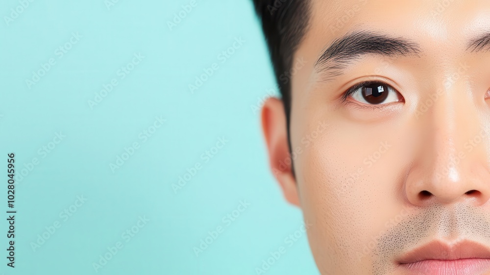 Closeup of an Asian man s face with a fresh, clean complexion, highlighting smooth skin and sharp features sharp features, smooth complexion, clean face Closeup of an Asian man s face with a fresh, clean complexion, highlighting smooth skin and sharp features sharp features, smooth complexion, clean face