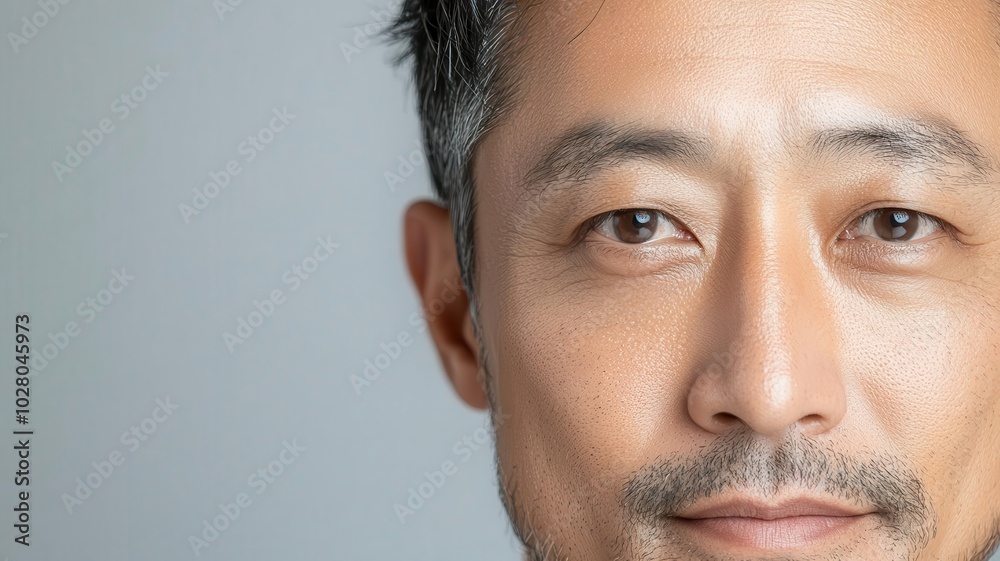 Obraz premium Closeup of an Asian man s face with perfectly smooth, eventoned skin, giving a fresh, youthful appearance eventoned skin, smooth complexion, youthful look