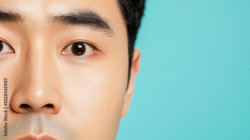 Closeup of an Asian man s face with smooth skin and subtle highlights along the cheekbones and nose subtle highlights, smooth skin, sharp features Closeup of an Asian man s face with smooth skin and subtle highlights along the cheekbones and nose subtle highlights, smooth skin, sharp features