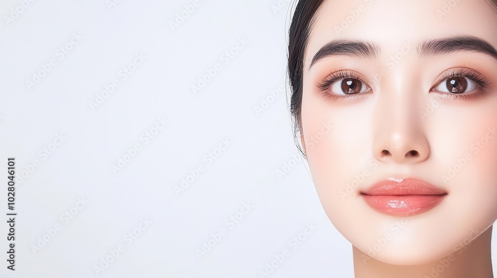 Closeup of an Asian man s face with smooth skin and subtle highlights along the cheekbones and nose subtle highlights, smooth skin, sharp features Closeup of an Asian man s face with smooth skin and subtle highlights along the cheekbones and nose subtle highlights, smooth skin, sharp features