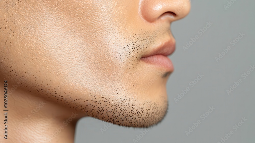 Obraz premium Closeup of an Asian man s face with smooth skin and subtle highlights along the cheekbones and nose subtle highlights, smooth skin, sharp features